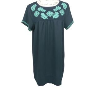 Umgee Navy & Turquoise Embroidered Shift Dress Western Boho Size M